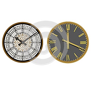 Card with two clock faces. Big Ben tower clock face and Moscow`s Kremlin clock face. Vector illustration.