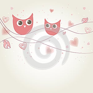 Card with two cute owls on the tree branch