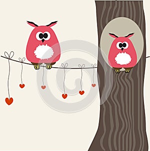 Card with two cute owls on the tree branch