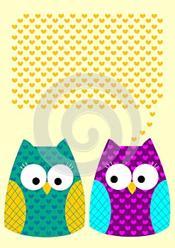 Owls love message greeting card with hearts