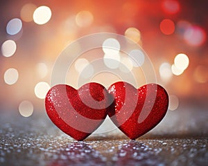 card with two red hearts on a shiny glitter background.