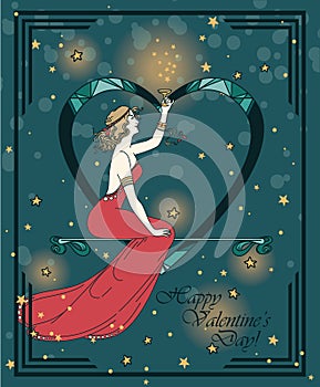 Card for valentine`s day in art deco style witn retro woman