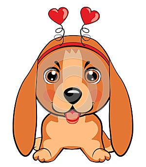 Card of a Valentine s Day. Portrait of a dog in a fun pink heart headband. Vector illustration.