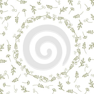 Card with vintage wreath on a background of branches, leaves and antennae.