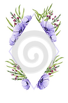 Card with watercolor anemones, eucalyptus nicholii and chamelaucium sprigs. Purple rhombus frame with hand painted flowers