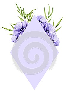 Card with watercolor anemones and eucalyptus nicholii sprigs. Purple rhombus frame with hand painted flowers and leaves
