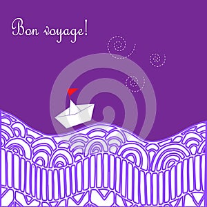 Card with waves, ship and text Happy journey in french Bon voyage.