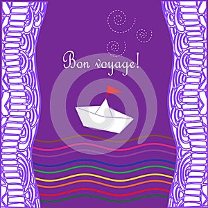 Card with waves, ship and text Happy journey in french Bon voyage.