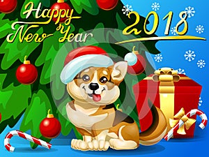 Card Welsh Corgi ang fir tree