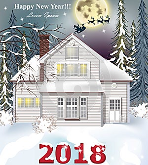 2018 card White house. Winter snowy background Vector realistic illustrations