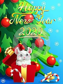 Card white mouse in a gift box and fir