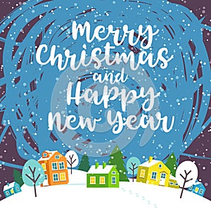 card with winter Christmas town and text