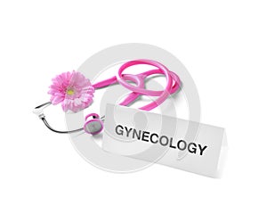 Card with word Gynecology, flower and stethoscope