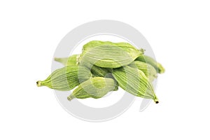 Cardamom pods isolated on white background. Green cardamon seeds. Clipping path.