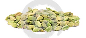 Cardamom pods isolated on white background. Green cardamon seeds. Clipping path.