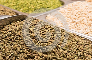 Cardamom for sale in the spice souk at Deira. UAE Dubai.