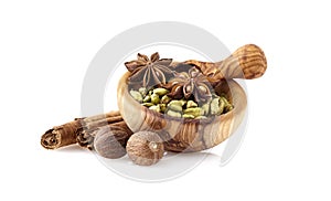 Cardamon, cinnamon, anise and nutmeg on white background. Spices isolated