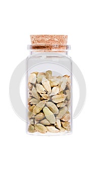 Cardamon pods in a glass bottle with cork stopper, isolated on w