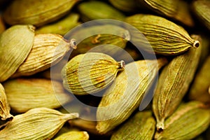 Cardamon seeds close up in studio. Top view