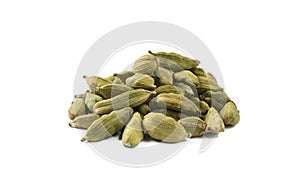 Cardamon seeds heap isolated on white background. front view