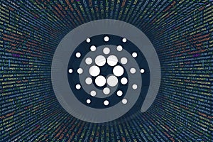 Cardano, ADA cryptocurrency symbol. A tunnel from a computer program code. Programmer Strings of code, Javascript, CSS and PHP.