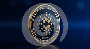 Cardano coin featuring a dark blue circular design with embedded gold accents, photo