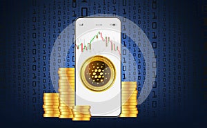 Cardano cryptocurrency, ADA, on your mobile phone through the Cryptocurrency system. Growth Graph on the Background of Binary Code photo