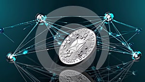 Cardano cryptocurrency coin rotating on glossy dark background, highlighting blockchain network connection via luminous photo