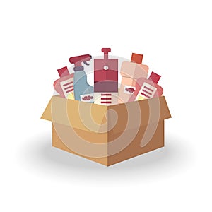 Cardboard box with bottles of detergents and sprays for cleaning office, house, restaurant, hotel