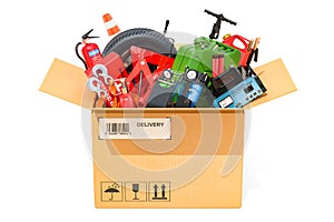 Cardboard box with car tools, equipment and accessories. 3D rend