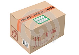 Cardboard box carton container closed parcel box package with handling packing icons text stickers bar code. Illustration isolated