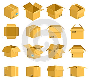 Cardboard box. Carton delivery packaging boxes, open and closed cardboard storage, mail postal parcel packaging vector