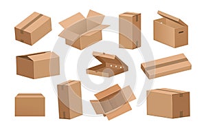 Cardboard box. Cartoon 3D delivery packages and parcels for shipping or transportation. Brown opened and closed