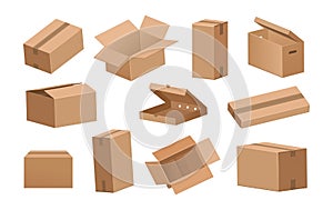 Cardboard box. Cartoon 3D delivery packages and parcels for shipping or transportation. Brown opened and closed recycling paper