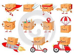 Cardboard box character. Fast delivery service mascot. Cartoon boxes with faces. Shipping package on parachute. Happy purchase