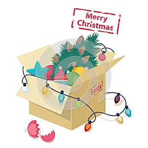 Cardboard box with Christmas decorations