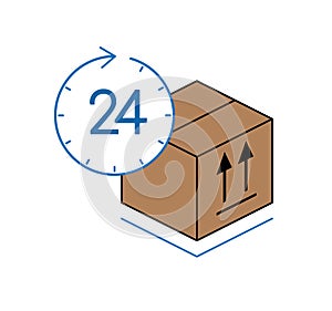 Cardboard box with clock isolated on white background