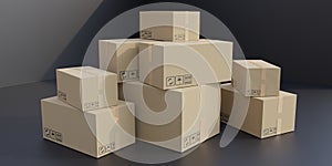 Cardboard box closed stacked on floor. Delivery, storage, distribution concept