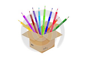 Cardboard box with colored pencils