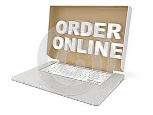 Cardboard box cover with ORDER ONLINE sign on laptop. Side view. 3D render