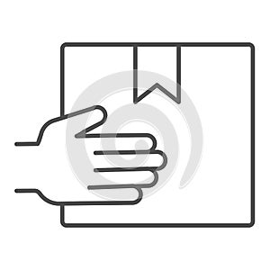 Cardboard box delivering hand holding thin line icon, delivery and logistics symbol, Hand carrying package vector sign