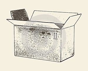 Cardboard box engraving. Open empty postal package. Vector hand drawn sketch illustration