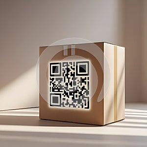 Cardboard box with a large QR code label in bright sunlight. photo