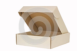 Cardboard box with flip open lid, lid open, isolated on white.