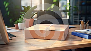 Cardboard box with folders and office accessories,