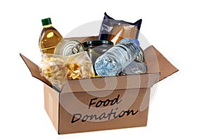 Cardboard box of food donations close up on white background