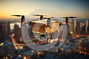 Cardboard box with four rotors, flying on the city background. Carrying a package, drone delivery concept