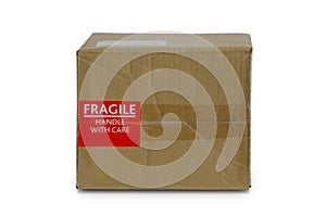 Cardboard box with fragile sticker warn