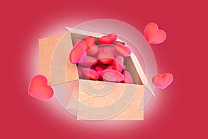 A cardboard box full of hearts, red background