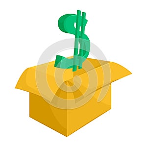 Cardboard box with green dollar sign icon